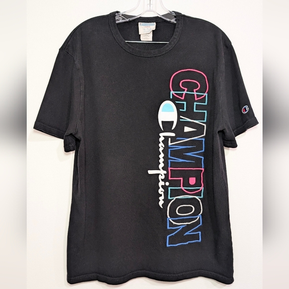 90's Style Champion Black Neon Embroidered Logo T-shirt Unisex Large 100% Cotton - Picture 1 of 11